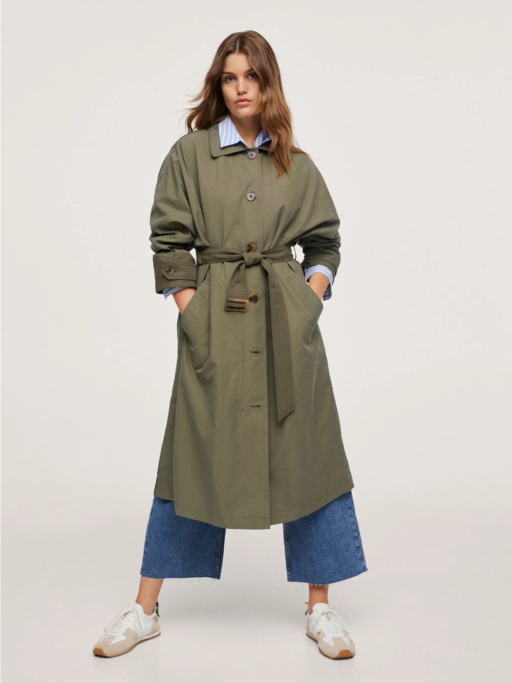 Mango Quilted Lining Cotton Trench Coat Olive Green Size Small NWT